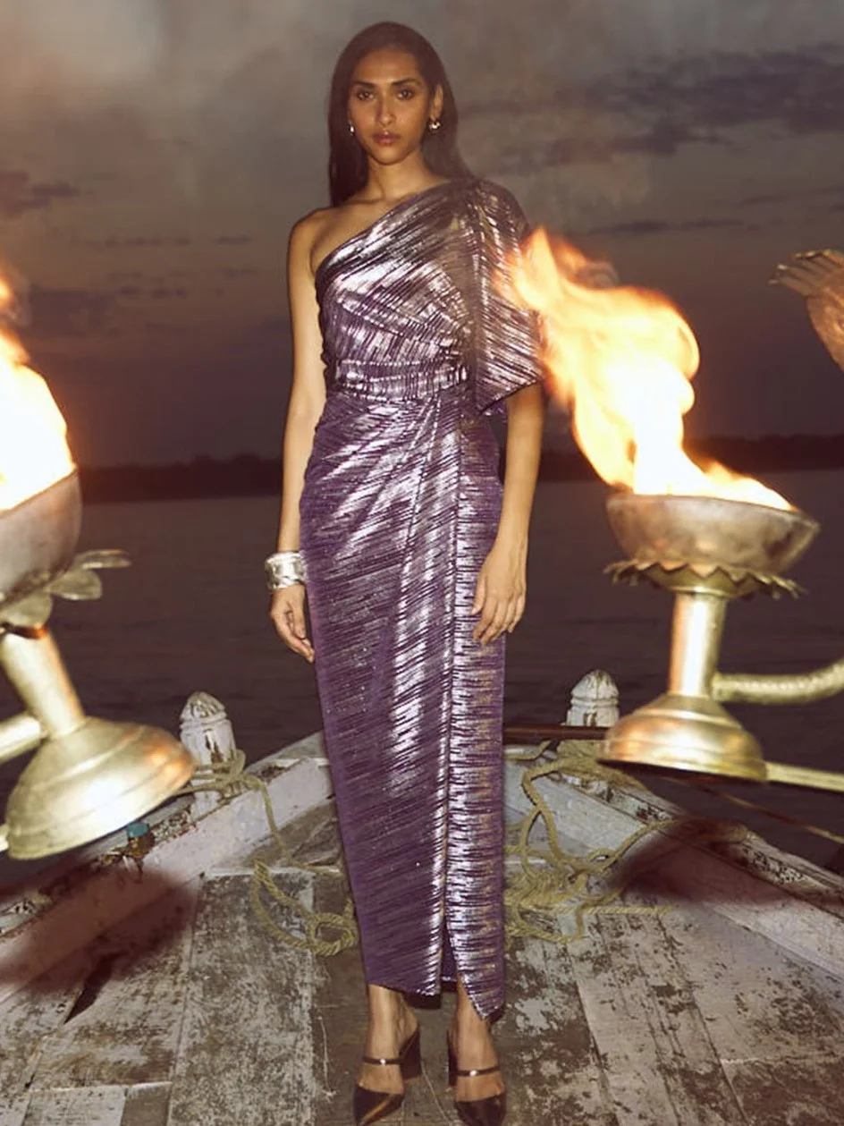 ModaFesta -foil-pleated-dress-single dress-wine